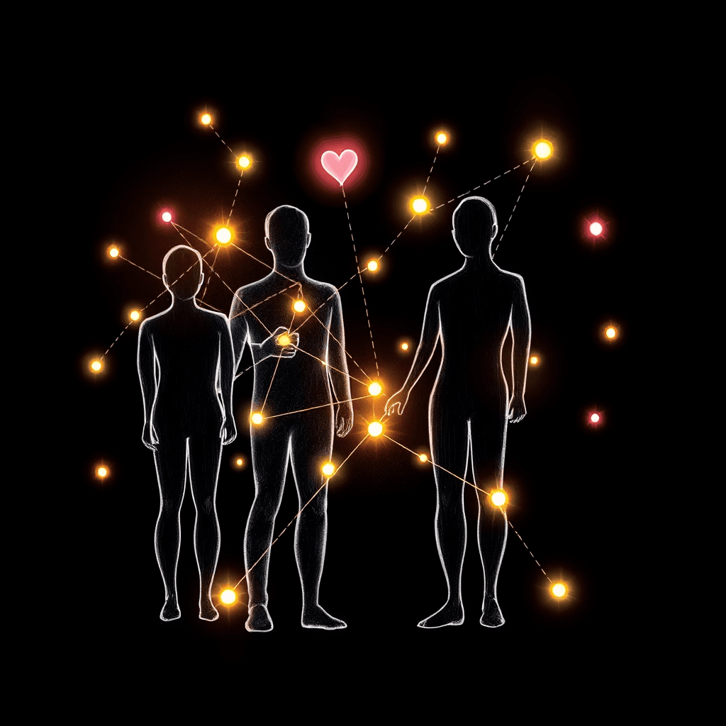 Abstract human silhouettes connected by glowing lines and nodes on a dark background, representing modern digital matchmaking in pencil drawing style.