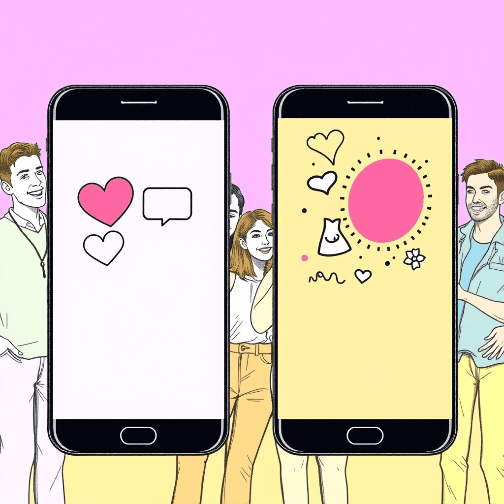 Pencil drawing of two contrasting smartphone screens with dating icons, and a group of young adults socializing in the background.