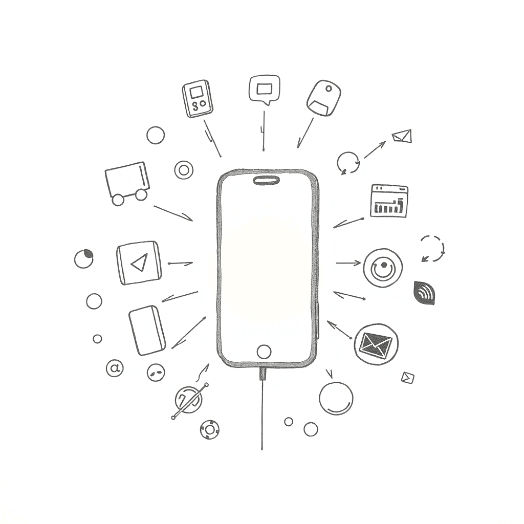 Pencil sketch of a glowing smartphone with abstract connectivity icons, a gentle hand gesture, and fading digital elements on a soft gradient backg...