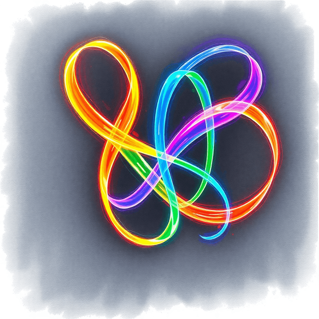 Abstract pencil drawing of colorful intertwined ribbons forming dynamic shapes on a dark background, symbolizing connection and interaction.