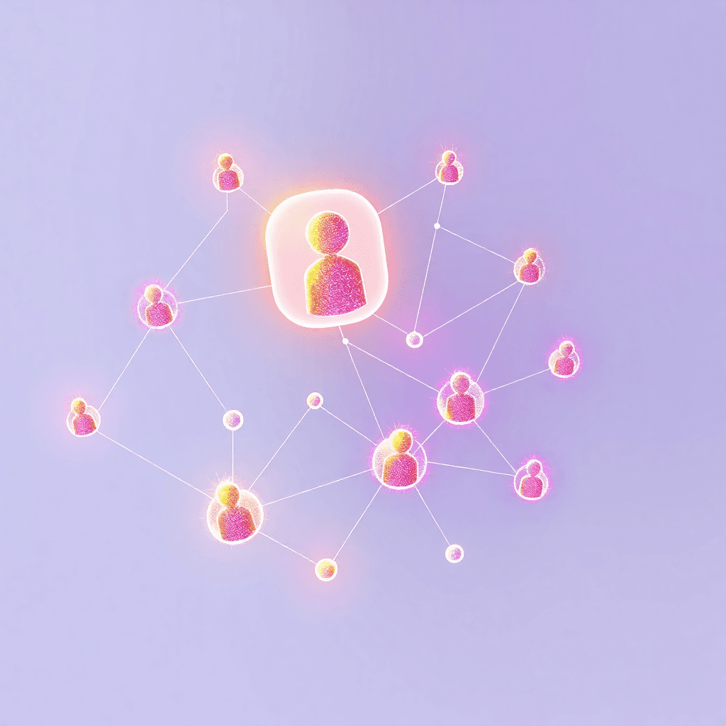 Abstract pencil drawing of glowing interconnected nodes with some separated by translucent barriers on a soft gradient background, symbolizing onli...