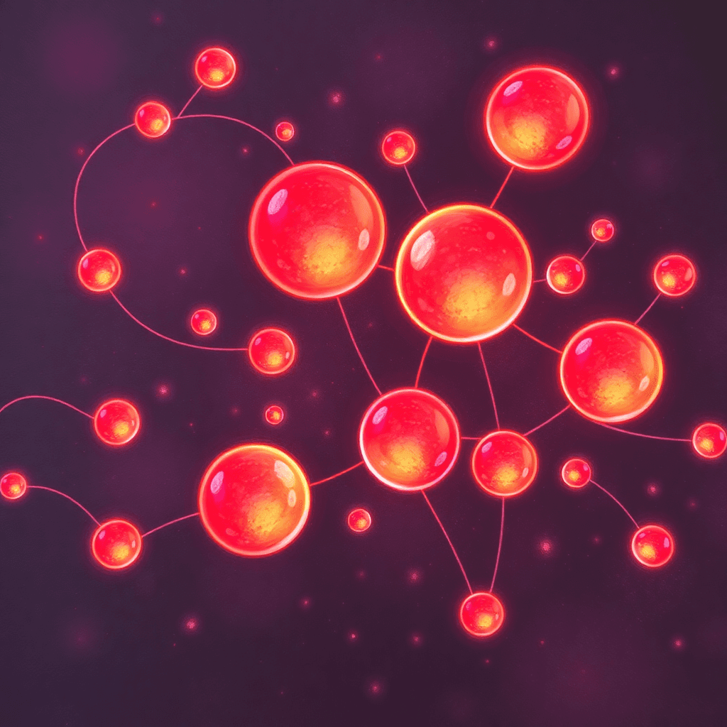 Abstract pencil drawing of glowing orbs connected by flowing lines in red, purple, and gold hues, symbolizing adult dating and intimate connections.