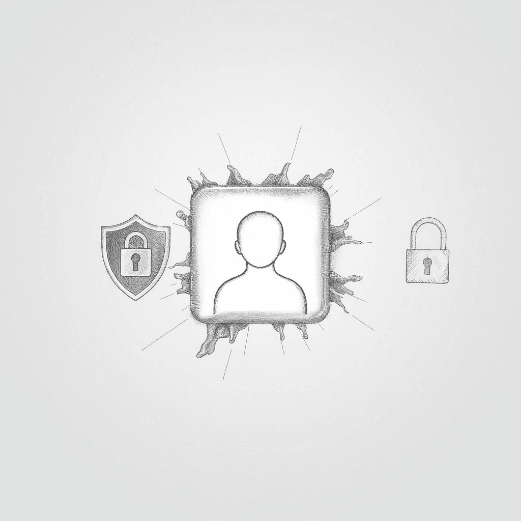 Pencil drawing of a digital profile icon dissolving, surrounded by abstract shields and locks on a soft gradient background symbolizing privacy and...
