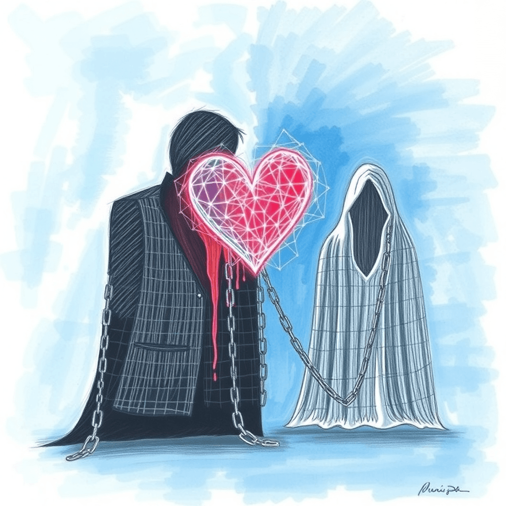 Pencil drawing of a glowing digital heart beside shadowy ghost figures and broken chains, set against a blue and dark abstract background symbolizi...