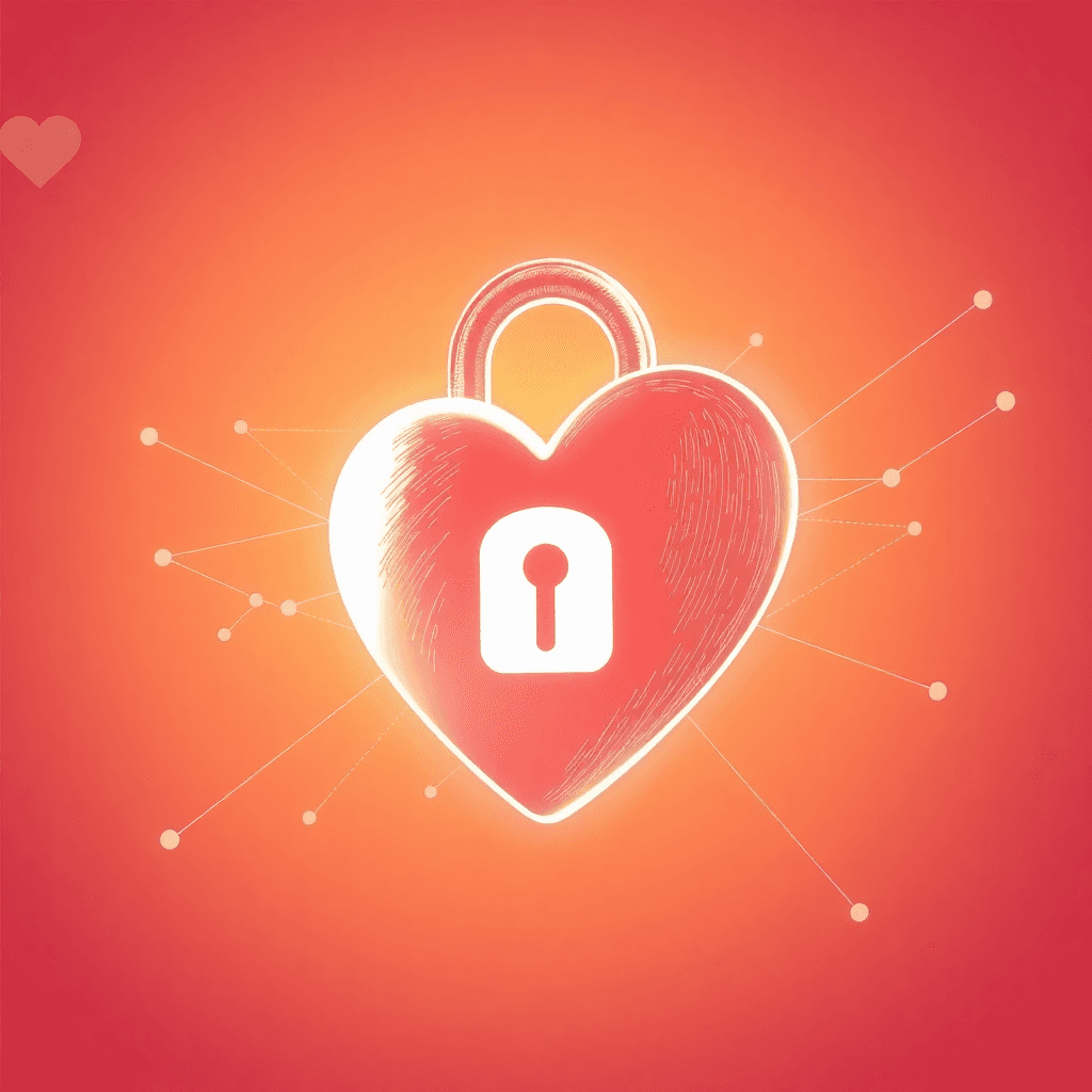 Pencil drawing of a glowing heart intertwined with a padlock, set on a warm gradient with network nodes and lines symbolizing secure online connect...