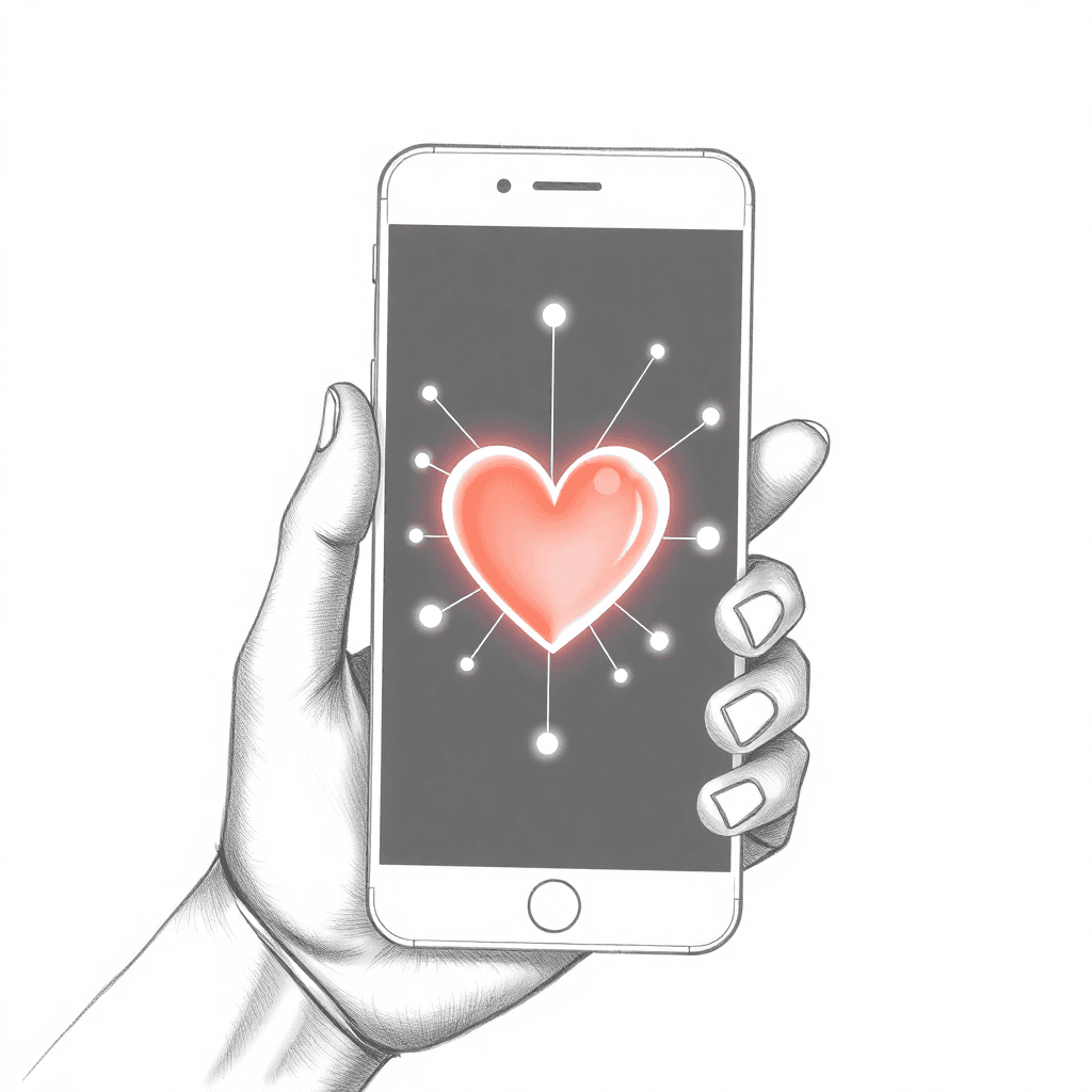 Pencil drawing of a hand holding a smartphone showing a glowing heart icon with digital connection lines on a dark background.