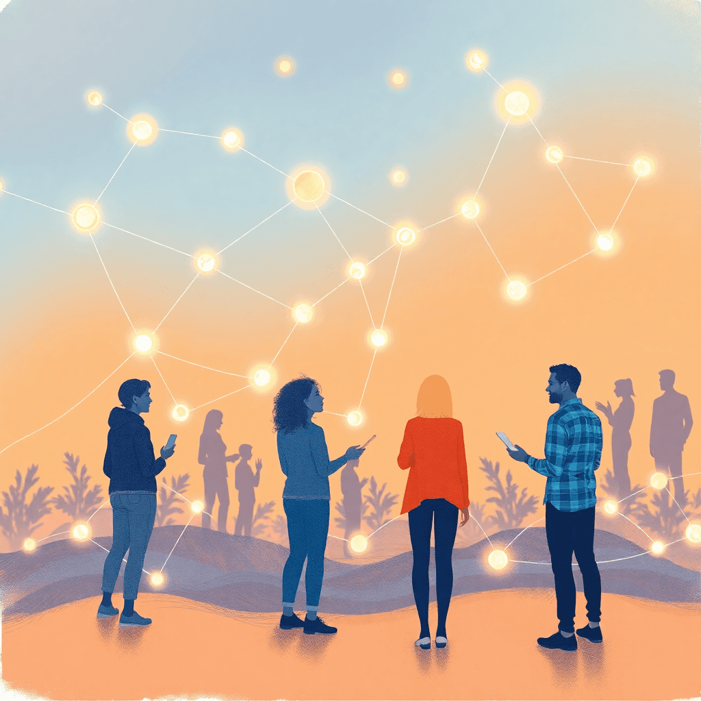 Pencil drawing of glowing network nodes and lines forming a web with silhouettes of people interacting against a warm, modern background symbolizin...